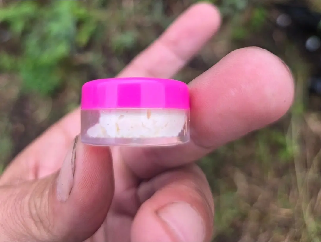 A real Fruity Puppy sample jar held between two fingers