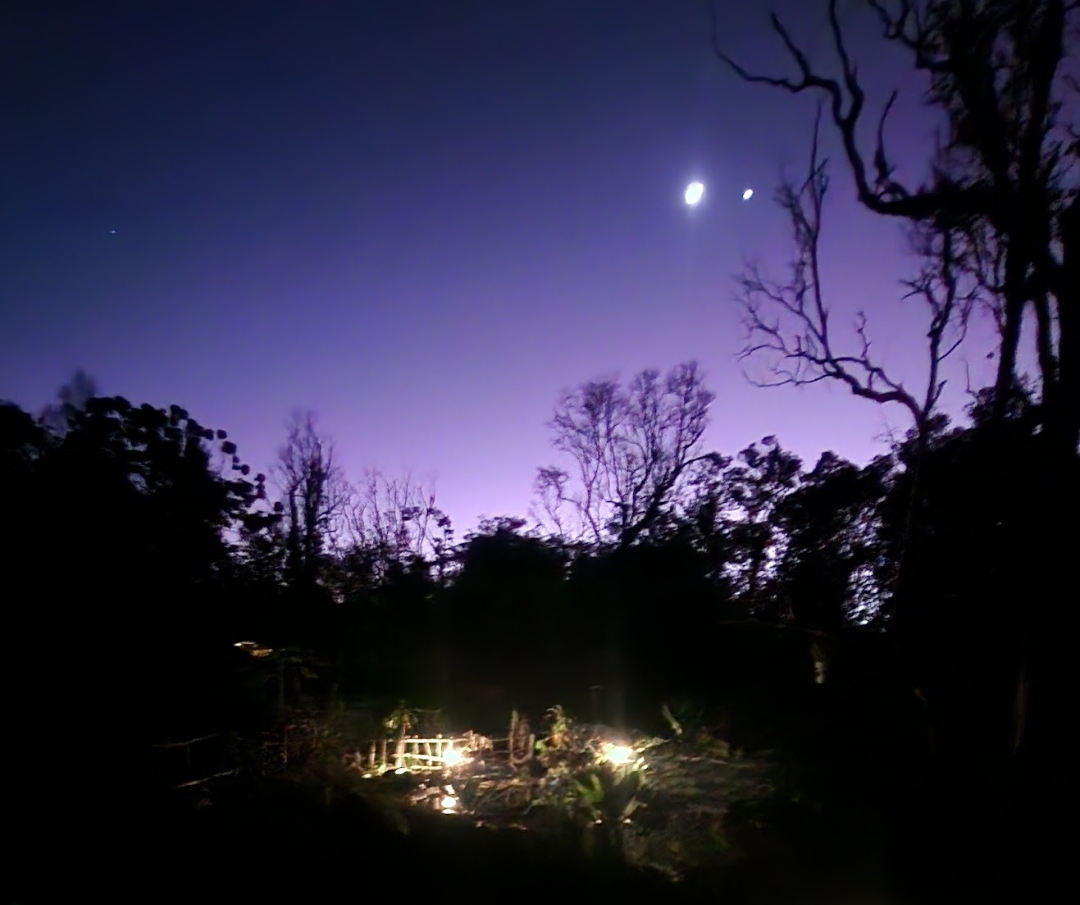Purple twilight sky over FlashTown with the moon rising